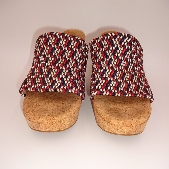 Womens 10M 10 Lucky Brand White Blue Red Slip On Platform Shoes Sandals Cork - Picture 2 of 9